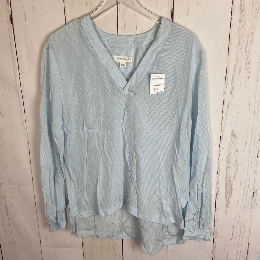 Treasure & Bond Blue V-Neck Striped Blouse